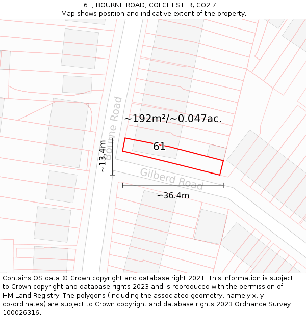 61, BOURNE ROAD, COLCHESTER, CO2 7LT: Plot and title map
