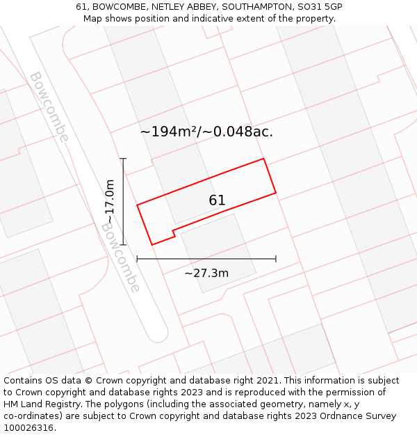 61, BOWCOMBE, NETLEY ABBEY, SOUTHAMPTON, SO31 5GP: Plot and title map