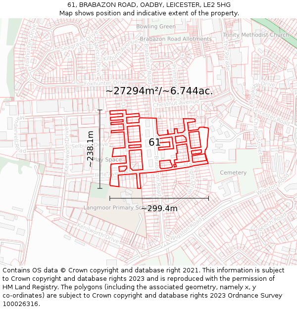61, BRABAZON ROAD, OADBY, LEICESTER, LE2 5HG: Plot and title map