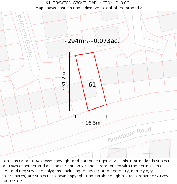 61, BRAWTON GROVE, DARLINGTON, DL3 0GL: Plot and title map