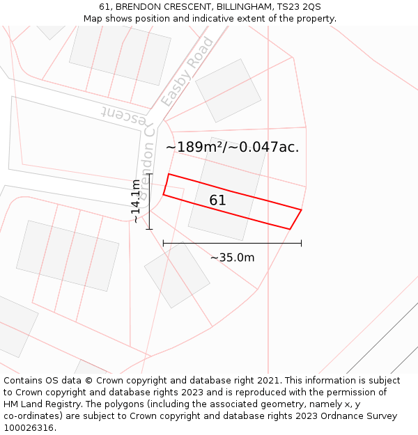 61, BRENDON CRESCENT, BILLINGHAM, TS23 2QS: Plot and title map