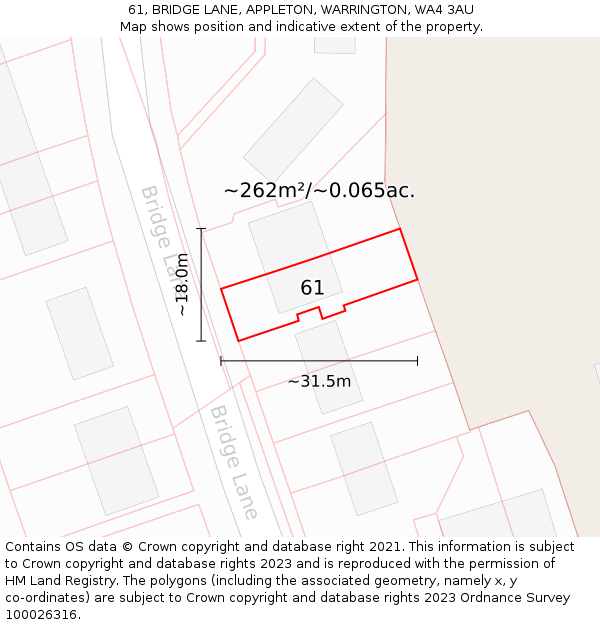 61, BRIDGE LANE, APPLETON, WARRINGTON, WA4 3AU: Plot and title map