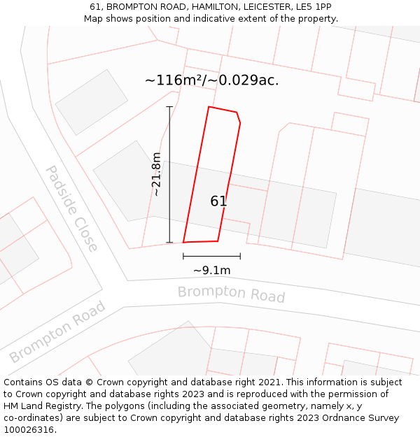 61, BROMPTON ROAD, HAMILTON, LEICESTER, LE5 1PP: Plot and title map