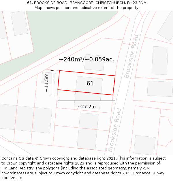 61, BROOKSIDE ROAD, BRANSGORE, CHRISTCHURCH, BH23 8NA: Plot and title map
