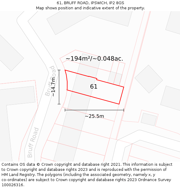 61, BRUFF ROAD, IPSWICH, IP2 8GS: Plot and title map