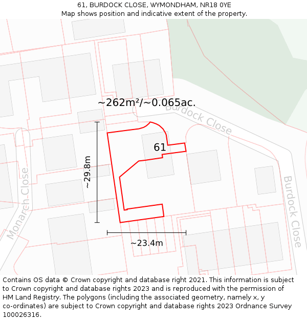 61, BURDOCK CLOSE, WYMONDHAM, NR18 0YE: Plot and title map