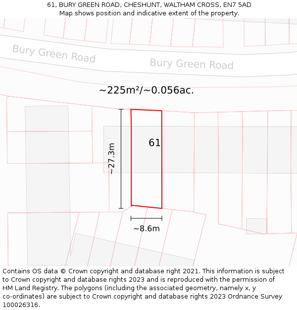 61, BURY GREEN ROAD, CHESHUNT, WALTHAM CROSS, EN7 5AD: Plot and title map