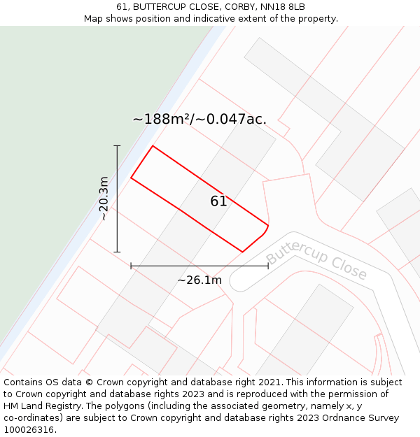 61, BUTTERCUP CLOSE, CORBY, NN18 8LB: Plot and title map