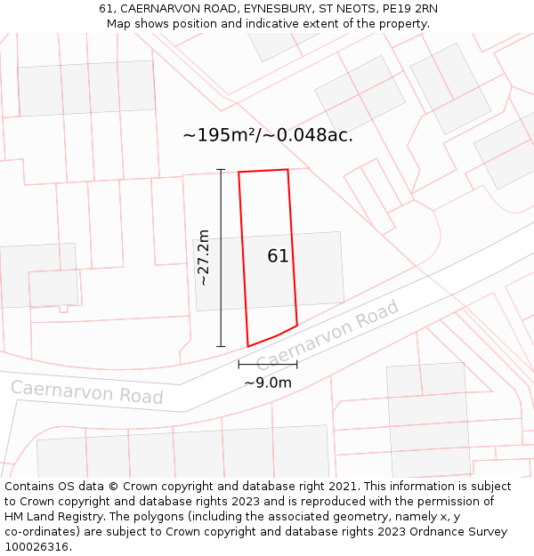 61, CAERNARVON ROAD, EYNESBURY, ST NEOTS, PE19 2RN: Plot and title map