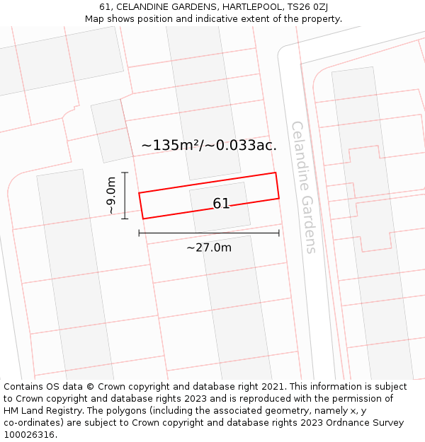 61, CELANDINE GARDENS, HARTLEPOOL, TS26 0ZJ: Plot and title map