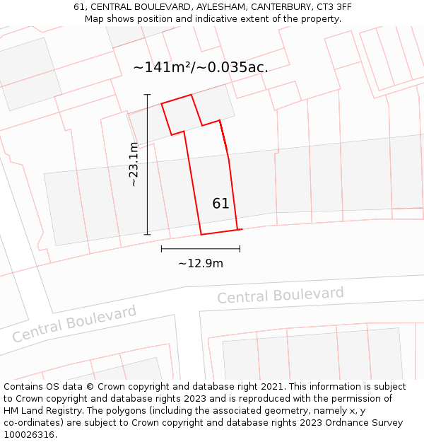 61, CENTRAL BOULEVARD, AYLESHAM, CANTERBURY, CT3 3FF: Plot and title map