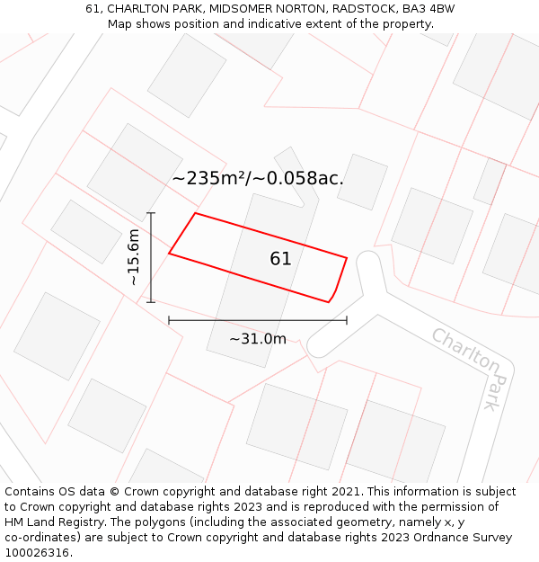 61, CHARLTON PARK, MIDSOMER NORTON, RADSTOCK, BA3 4BW: Plot and title map