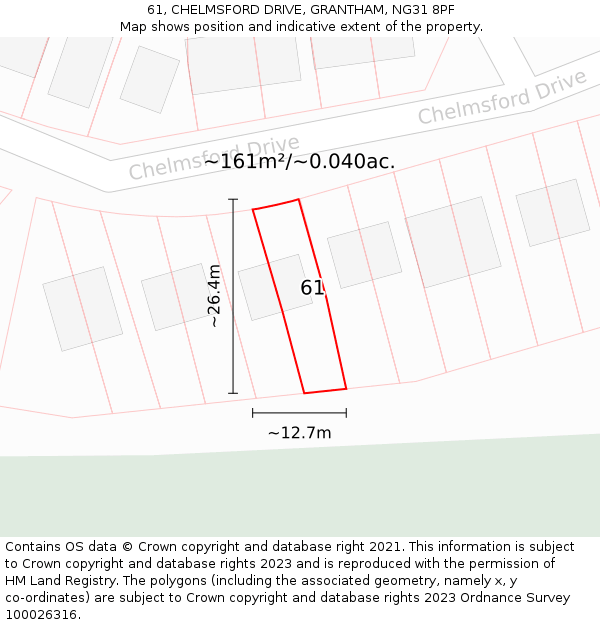 61, CHELMSFORD DRIVE, GRANTHAM, NG31 8PF: Plot and title map
