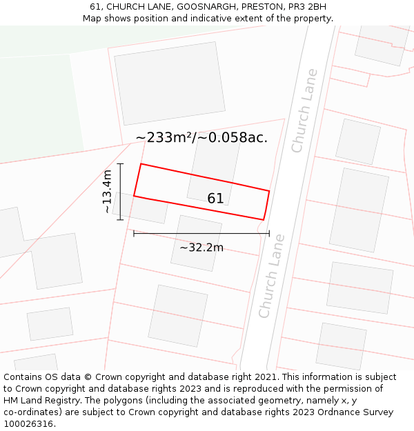 61, CHURCH LANE, GOOSNARGH, PRESTON, PR3 2BH: Plot and title map