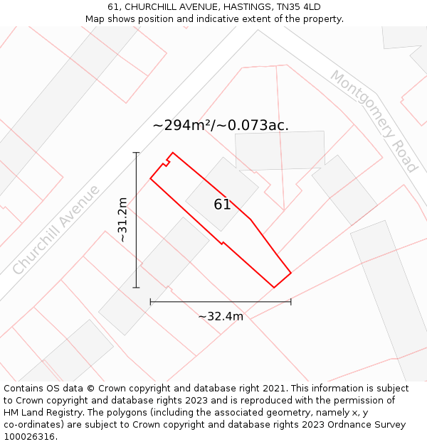 61, CHURCHILL AVENUE, HASTINGS, TN35 4LD: Plot and title map