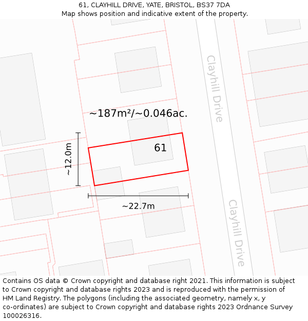 61, CLAYHILL DRIVE, YATE, BRISTOL, BS37 7DA: Plot and title map