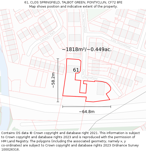 61, CLOS SPRINGFIELD, TALBOT GREEN, PONTYCLUN, CF72 8FE: Plot and title map
