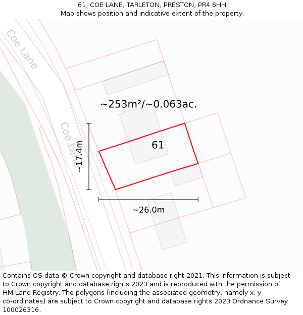 61, COE LANE, TARLETON, PRESTON, PR4 6HH: Plot and title map