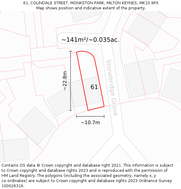 61, COLINDALE STREET, MONKSTON PARK, MILTON KEYNES, MK10 9PX: Plot and title map