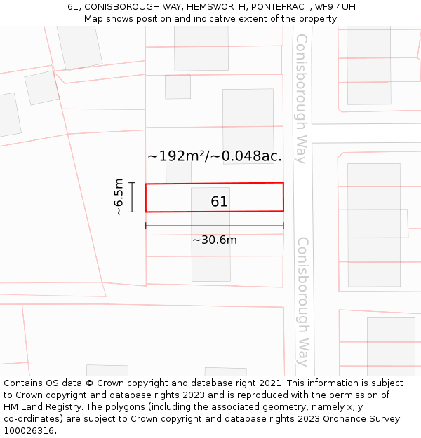 61, CONISBOROUGH WAY, HEMSWORTH, PONTEFRACT, WF9 4UH: Plot and title map