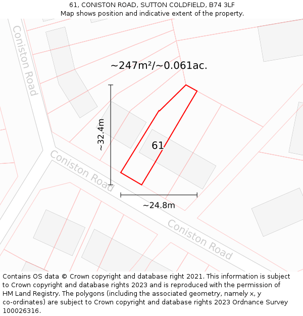 61, CONISTON ROAD, SUTTON COLDFIELD, B74 3LF: Plot and title map