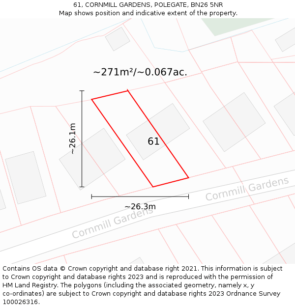 61, CORNMILL GARDENS, POLEGATE, BN26 5NR: Plot and title map