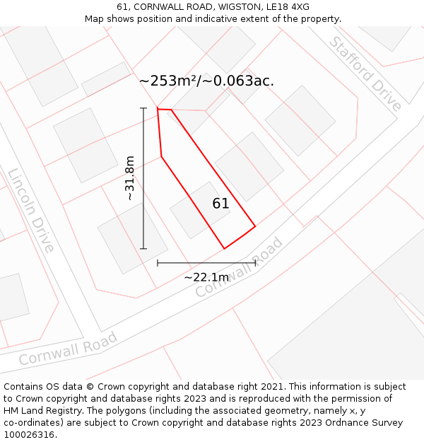 61, CORNWALL ROAD, WIGSTON, LE18 4XG: Plot and title map