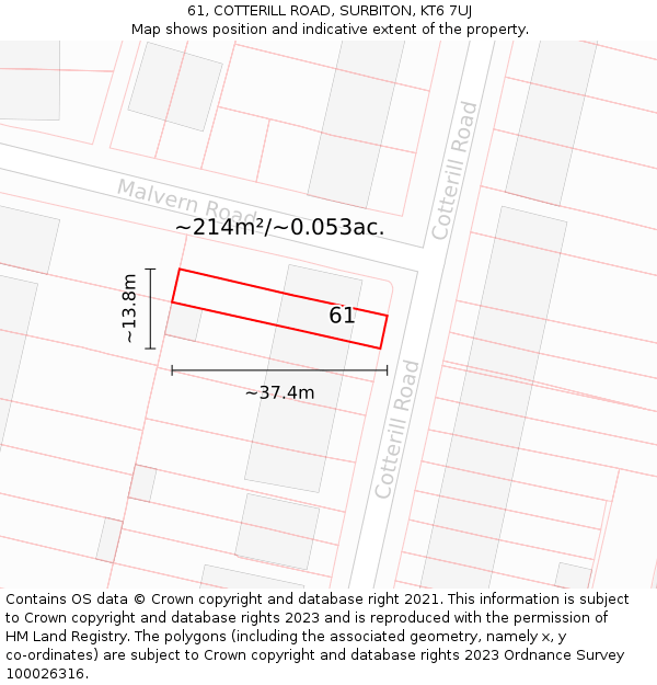 61, COTTERILL ROAD, SURBITON, KT6 7UJ: Plot and title map