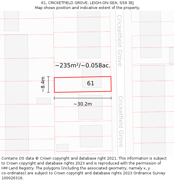61, CRICKETFIELD GROVE, LEIGH-ON-SEA, SS9 3EJ: Plot and title map