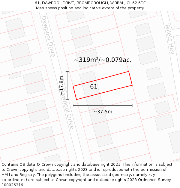 61, DAWPOOL DRIVE, BROMBOROUGH, WIRRAL, CH62 6DF: Plot and title map
