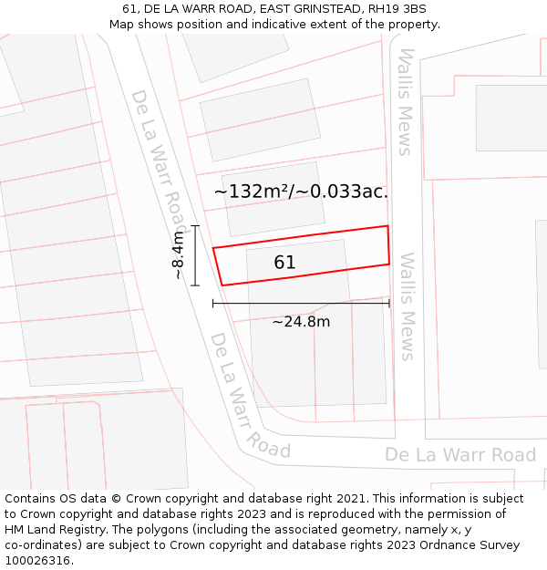 61, DE LA WARR ROAD, EAST GRINSTEAD, RH19 3BS: Plot and title map