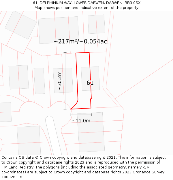 61, DELPHINIUM WAY, LOWER DARWEN, DARWEN, BB3 0SX: Plot and title map