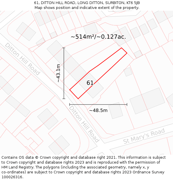 61, DITTON HILL ROAD, LONG DITTON, SURBITON, KT6 5JB: Plot and title map