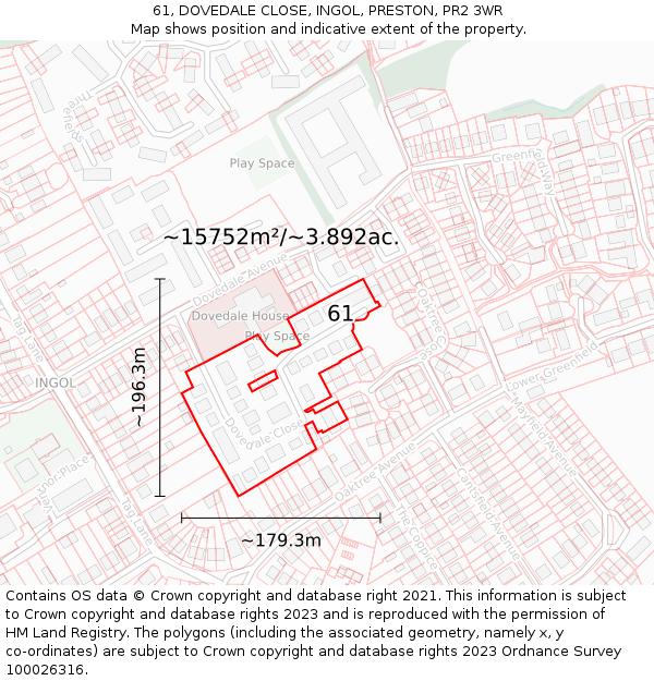 61, DOVEDALE CLOSE, INGOL, PRESTON, PR2 3WR: Plot and title map