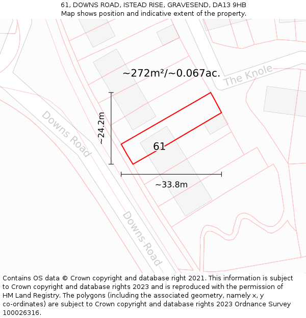 61, DOWNS ROAD, ISTEAD RISE, GRAVESEND, DA13 9HB: Plot and title map