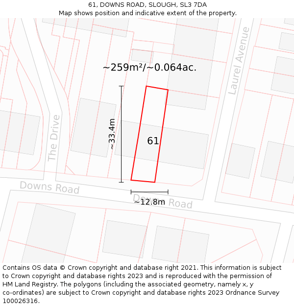 61, DOWNS ROAD, SLOUGH, SL3 7DA: Plot and title map