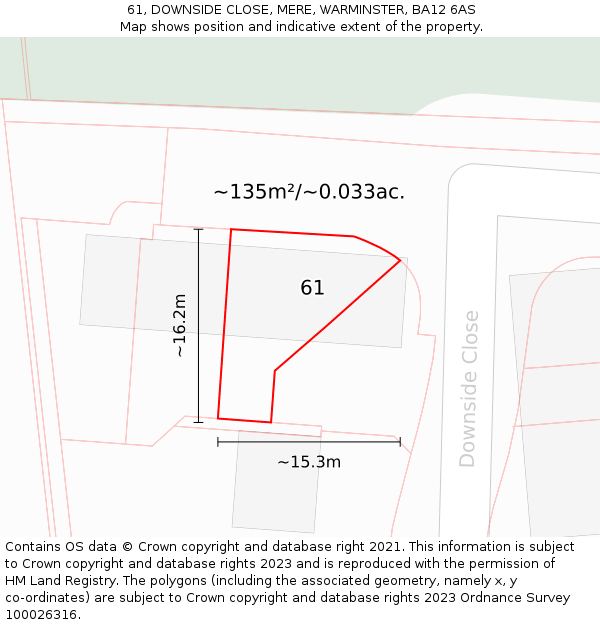 61, DOWNSIDE CLOSE, MERE, WARMINSTER, BA12 6AS: Plot and title map