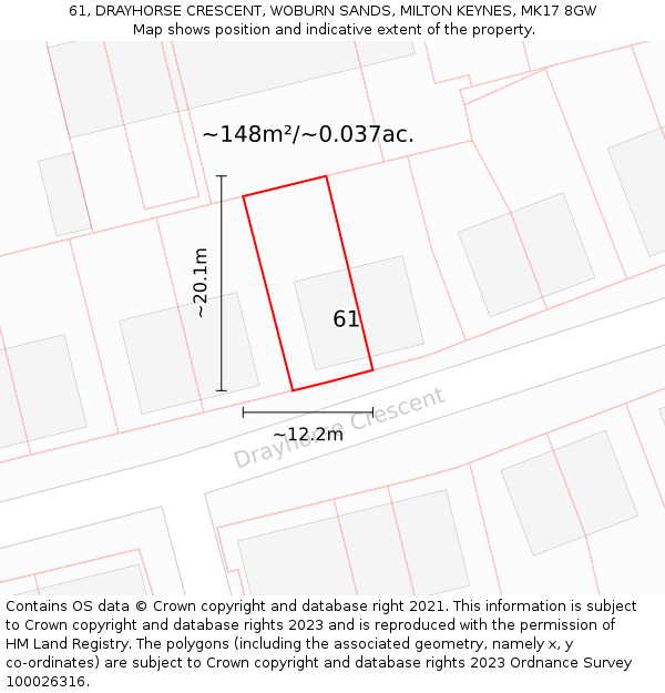 61, DRAYHORSE CRESCENT, WOBURN SANDS, MILTON KEYNES, MK17 8GW: Plot and title map