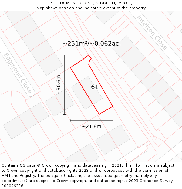 61, EDGMOND CLOSE, REDDITCH, B98 0JQ: Plot and title map