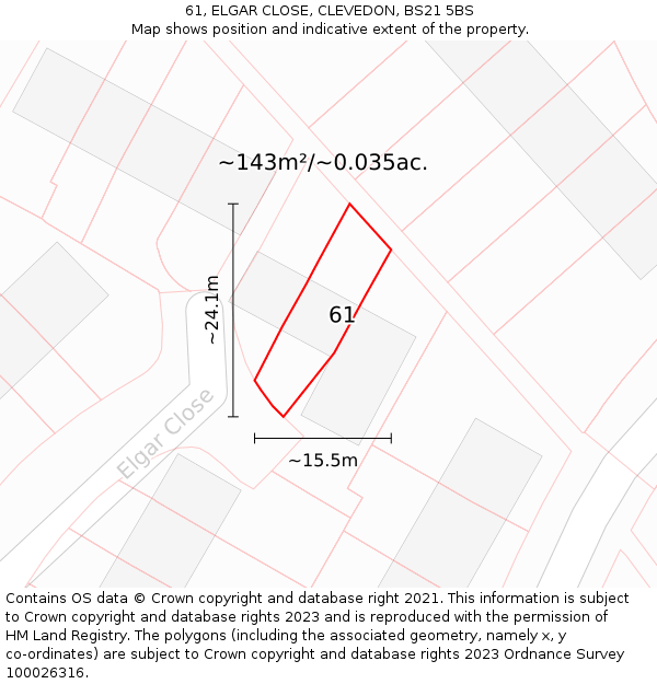 61, ELGAR CLOSE, CLEVEDON, BS21 5BS: Plot and title map
