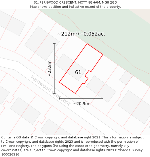 61, FERNWOOD CRESCENT, NOTTINGHAM, NG8 2GD: Plot and title map