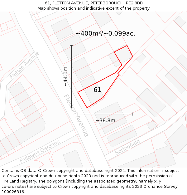 61, FLETTON AVENUE, PETERBOROUGH, PE2 8BB: Plot and title map