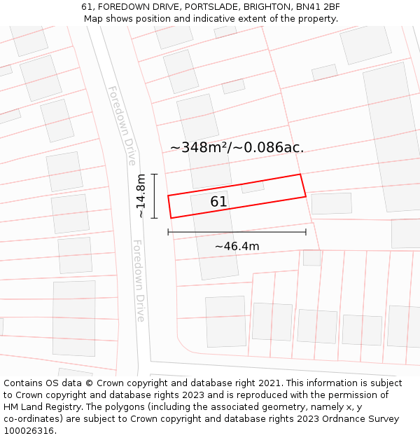 61, FOREDOWN DRIVE, PORTSLADE, BRIGHTON, BN41 2BF: Plot and title map