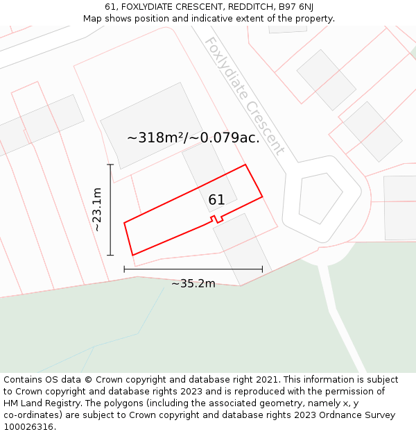 61, FOXLYDIATE CRESCENT, REDDITCH, B97 6NJ: Plot and title map