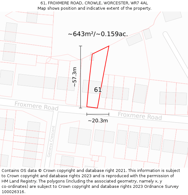 61, FROXMERE ROAD, CROWLE, WORCESTER, WR7 4AL: Plot and title map