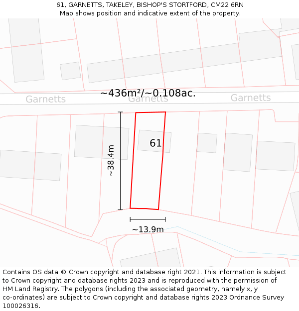 61, GARNETTS, TAKELEY, BISHOP'S STORTFORD, CM22 6RN: Plot and title map