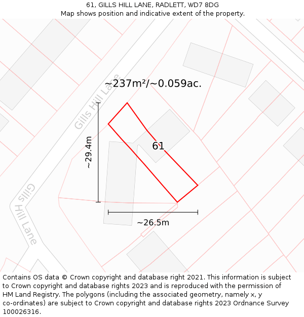 61, GILLS HILL LANE, RADLETT, WD7 8DG: Plot and title map