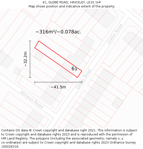 61, GLEBE ROAD, HINCKLEY, LE10 1HF: Plot and title map