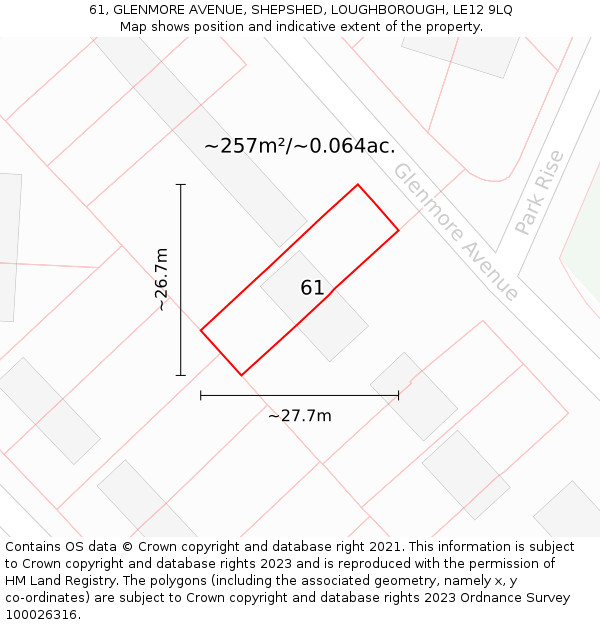 61, GLENMORE AVENUE, SHEPSHED, LOUGHBOROUGH, LE12 9LQ: Plot and title map