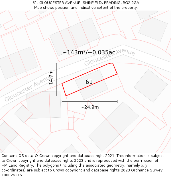 61, GLOUCESTER AVENUE, SHINFIELD, READING, RG2 9GA: Plot and title map